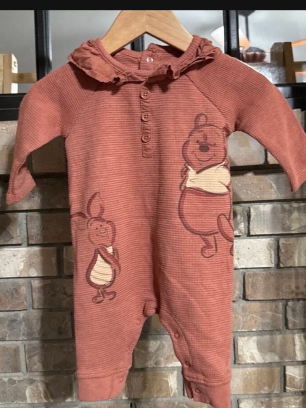 Disney Baby Winnie the Pooh Piglet Brown Waffle Romper Ruffle 0-3M